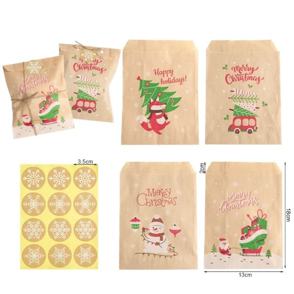 24Set Jul Kraft Papper påsar Jultomte Snögubbe Räv Semester Xmas Fest Fynd påse godis kaka påse