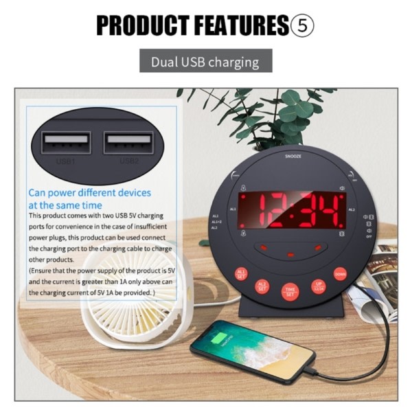 Super høy alarm klokke med seng shaker stor LED skjerm USB lade port vibrerende alarm