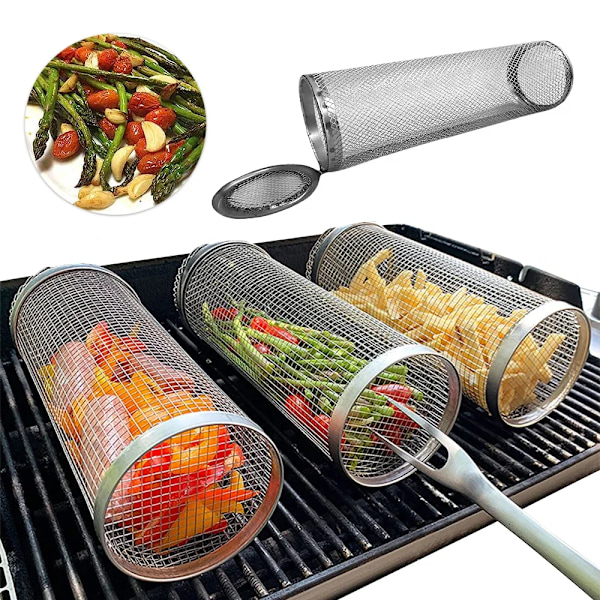Høj kvalitet Rund BBQ kurv rustfrit stål rullende grillning kurv wire net cylinder grill kurv bærbar udendørs camping grill stativ