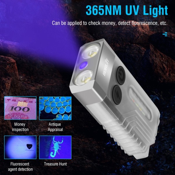 EDC avaimenperä LED fluoresenssi taskulamppu C-tyyppi ladattava taskulamppu työ valo magneetti summeri 365nm UV V3 Plus lyhty