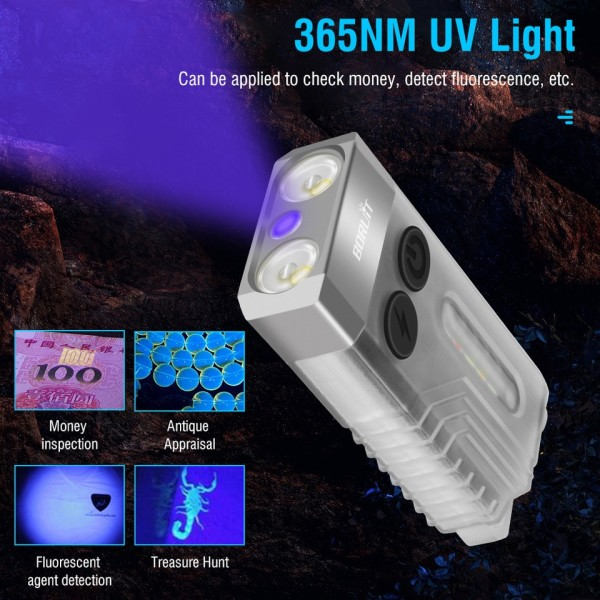 EDC nyckelring LED Fluorescens Ficklampa Typ-C Uppladdningsbar Ficklampa Arbete Ljus Magnet Buzzer 365nm UV V3 Plus Lantern