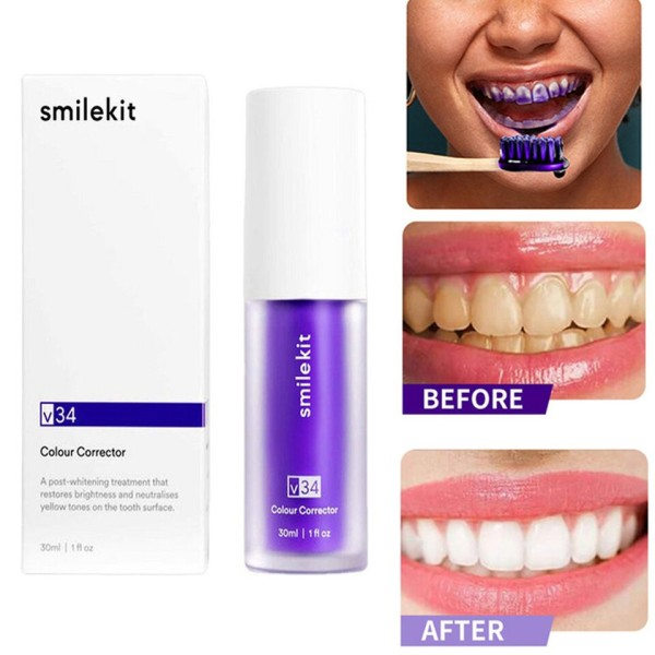 30ml V34 Lila Whitening Tandkräm Ta bort Fläckar Minska Gulning Vård Tänder Tandkött Fräscht Andning Ljusning Tänder