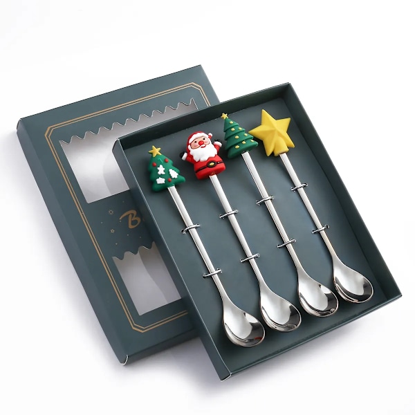 6 stykker jule gave guld ske gaffel sæt elg jule træ pynt dessert scoop frugt gaffel kaffe ske bestik sæt