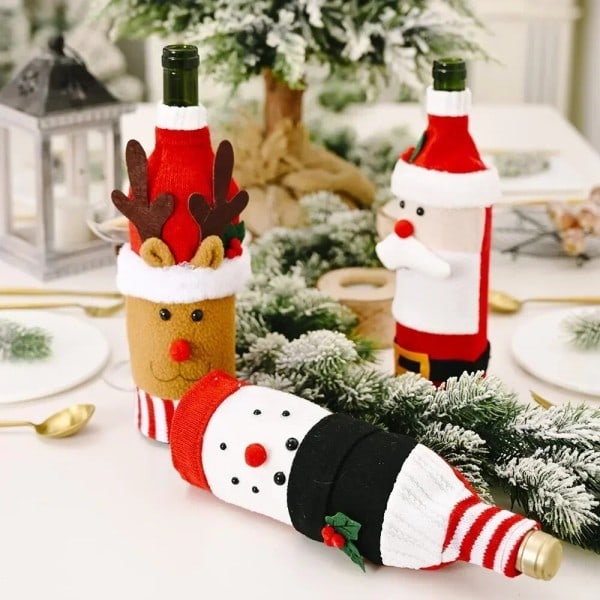 Jul vin flaske cover sæt nisse snemand vævet vin flaske poser til julefest middag bord pynt