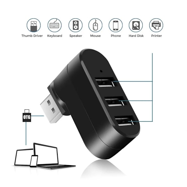 USB Hub 2.0 Adapter Rotate High Speed U Disk Reader Splitter 3 Ports