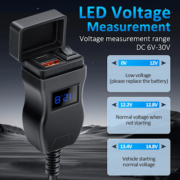 Hög kvalitet Extractme Motorcykel Usb Snabb Mobil Laddare Vattentät Typ C Port Socket Kontakt Med Cell Mobil Voltmeter Digital Ladda