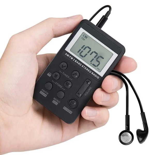 Mini Pocket Radio med Hörlurar USB Uppladdningsbar AM/FM Full Band Portable Radio