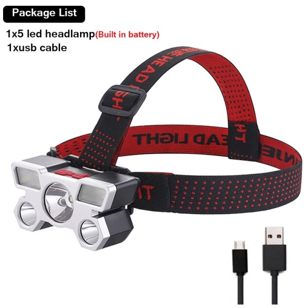 Usb Oppladbart Innebygget Batteri 5 Led Strong Hovedlykt Super Lysst Hodemontert Lommelykt