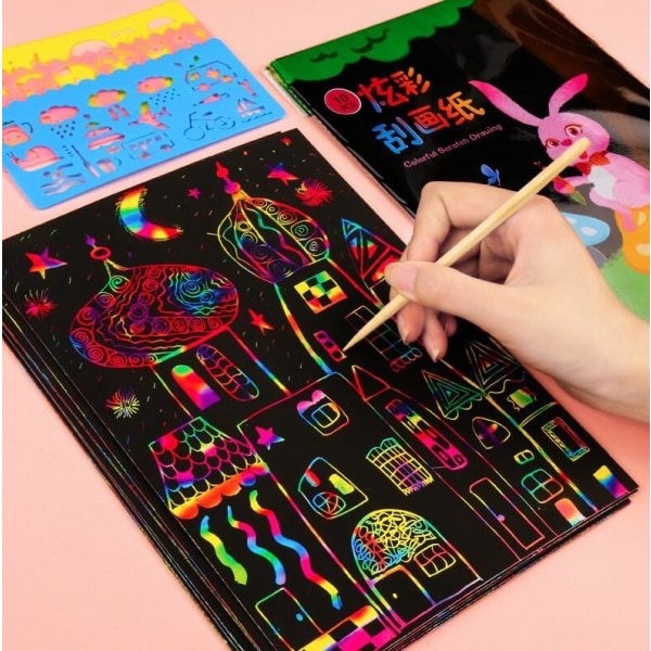 DIY Magic Rainbow Färg Scratch Konst Papper Kort Set Med Graffiti Stencil Teckning Tavla