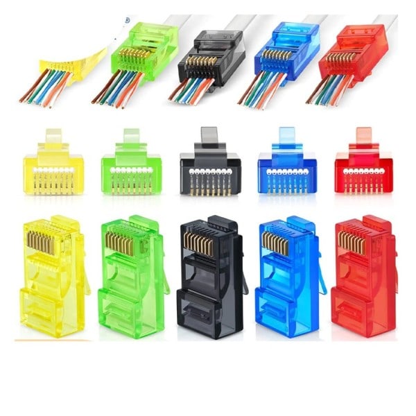 Cat6 Pass Through Connectors, Assorted Colors, EZ to Crimp Modular Plug for Solid eller Stranded UTP Network Cable
