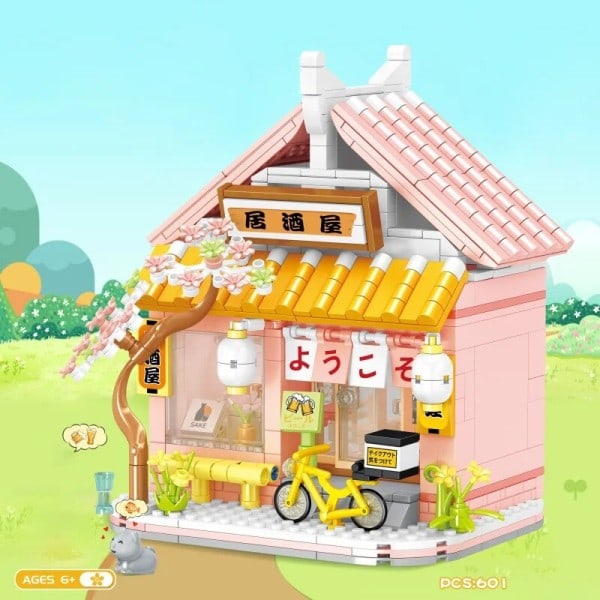 Creative Street View Izakaya Sakura Hus Model Bygning Klodse By Cherry Blossom Hut MOC Bricks