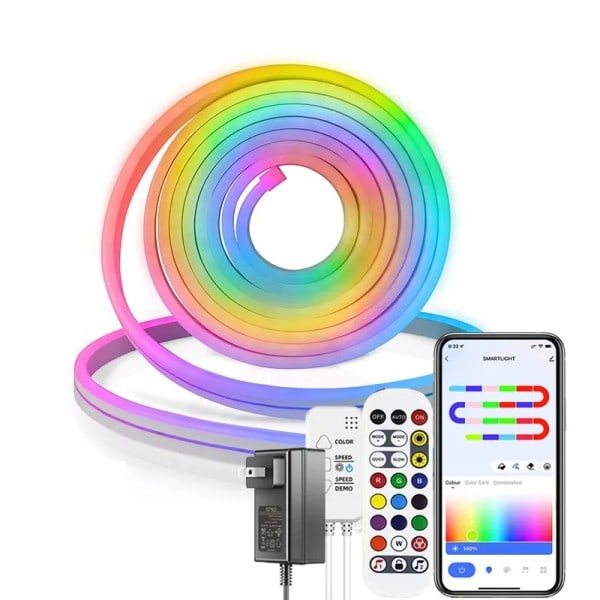 LED Strip Lys 12-24V 84LEDs/M Silicone Neon Reb Lys med Music Sync RGBIC Dreamcolor Chasing Strip Tape