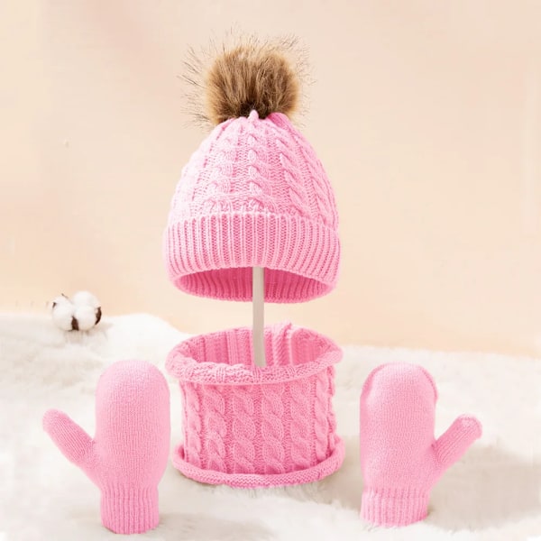 Vinter 3 delar Baby Mössor Med Scarf Stickad Akryl Mode Enfärgad Hatt För Barn Pojke Flicka Spädbarn Hårboll Varm Monte Scarf Set