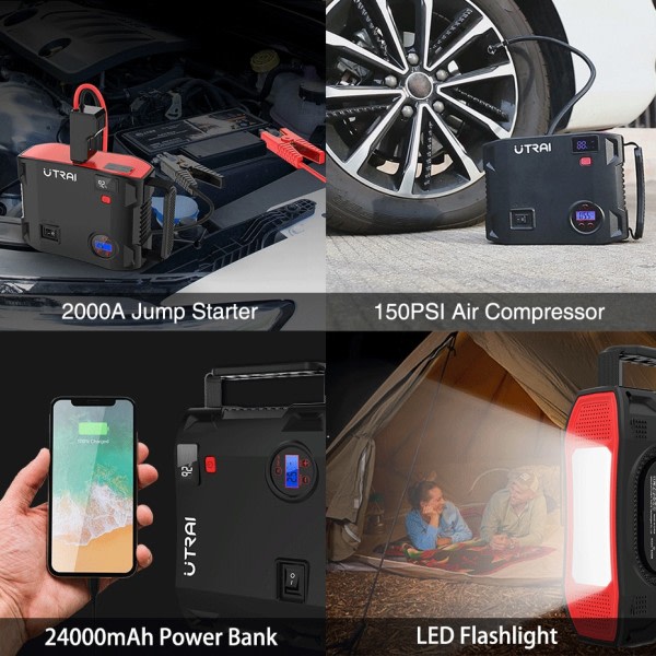 Kompressor 150PSI Luft Pumpe Cykel Bil 2000A Jump Starter  Power Bank Trådløs Dæk Inflator