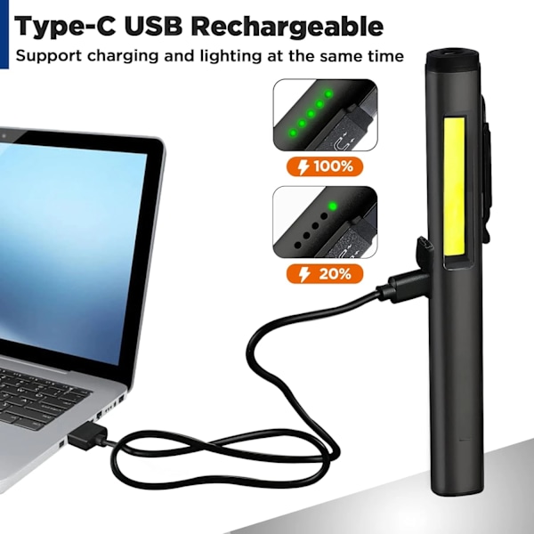 Multifunktionell 4 i 1 LED Ficklampa Mini USB Uppladdningsbar 800mah Penna Klämma Ficklampa