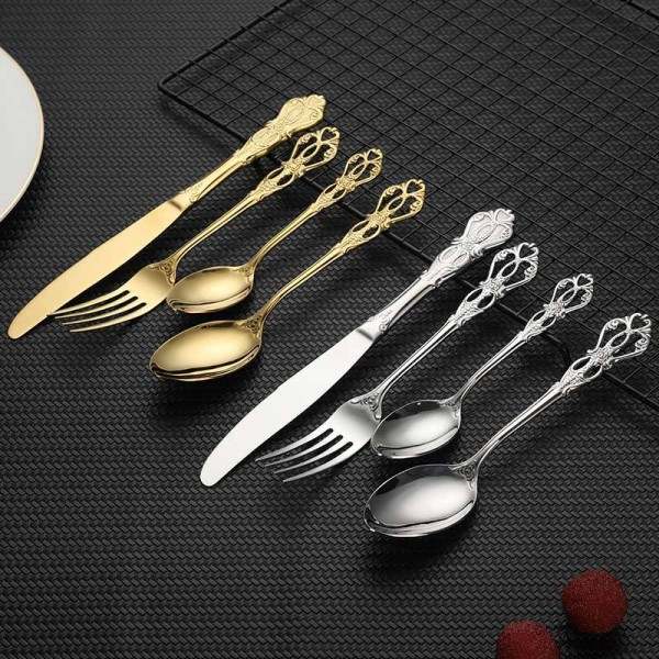 24st Bestick Set Guld Servis Rostfritt Stål Kungligt Sked Gafflar Kniv Kök Western Dinner Silver Servis