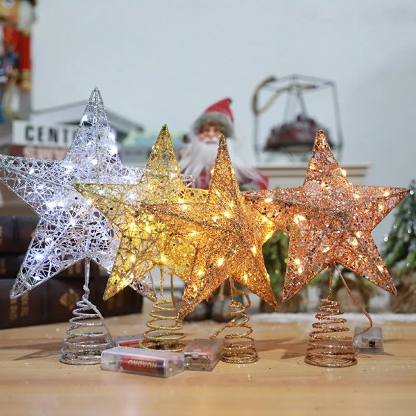 Järn Glitter Pulver Jul Tree Topper Star med LED koppar tråd ljus