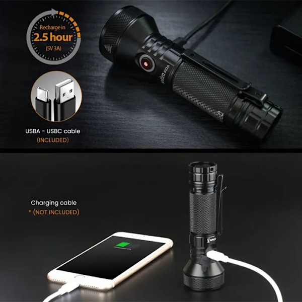 LED Ficklampa 21700 USB C 3A SFT40 2100lm 680M Kast Uppladdningsbar Kraftfull Reverse Laddning Fickla Utomhus