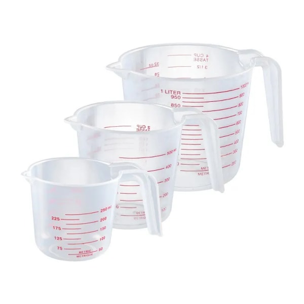 3 deler 250-500-1000 Ml Plast Transparent Utgradert Mål Kopp Husholdning Kjøkken Baking Måle Verktøy Sett Håndtak Design Kopper