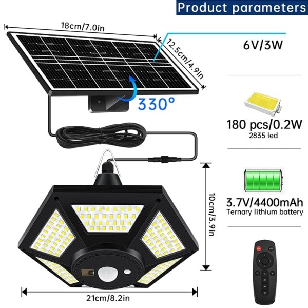 Sol Hänge Ljus Utomhus Inomhus med Fjärrkontroll 180LED Solar Shed Ljus Rörelse Sensor