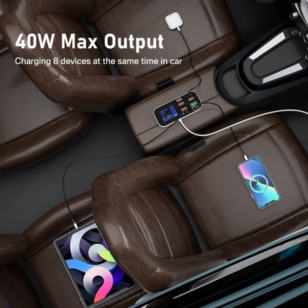 8 porte USB bil oplader QC3.0 PD hurtig opladning telefon oplader 40W 8A multi USB stik med LED display