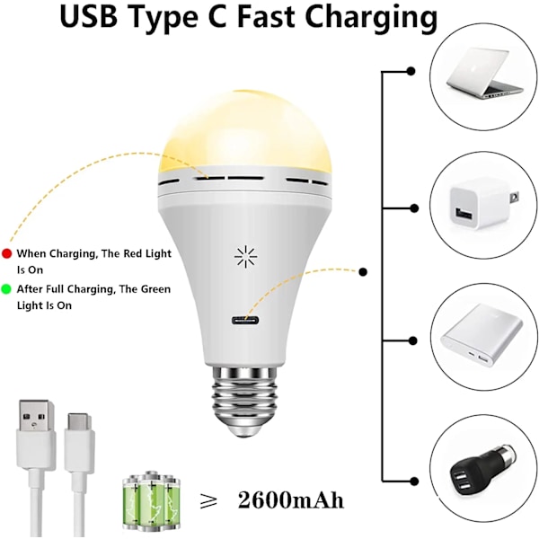 USB-C Genopladelig Lys Pære med Fjernbetjening Kontrol 5V 7W E27 Smart Batteri Pære