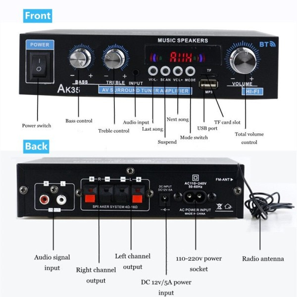 Hjem Bil Strøm Forstærkere 2 Kanals Bluetooth Surround Sound FM USB Fjernbetjening Kontrol