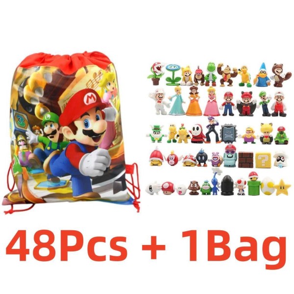 48st Super Mario Bros Action Figurer Kawaii Bowser Anime Figur med Förvaringsväska för barn leksaker