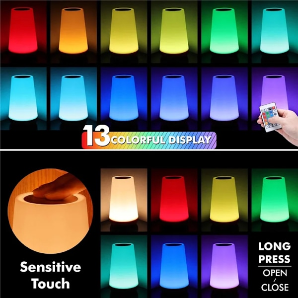 13 Färg Ändras Natt Ljus RGB Fjärrkontroll Touch Dimbar Lampa Bärbar Bord Sängbordslampor