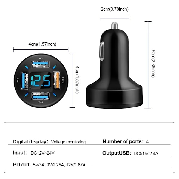 Hurtig opladning cigaret lighter adapter 4 port USB A USB C hurtig opladning telefon oplader