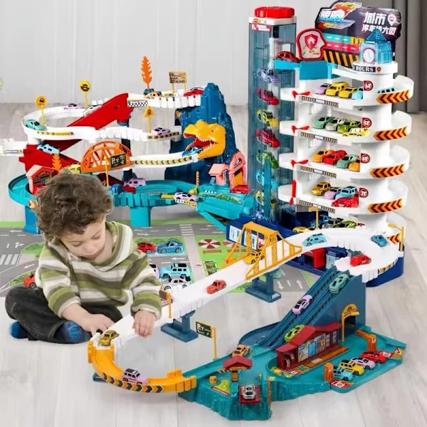 Elektrisk Rail Bil Dinosaur Bygning Parkeringsplass Eventyr Racing Rail Bil Leker