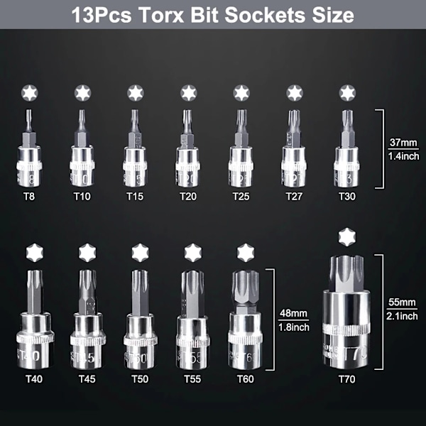 Professional 13 kpl Torx Star Bit Socket nuts Set 1/4 3/8 ja 1/2" Drive T8 - T70 Home Tool  Kit