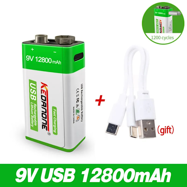 9V uppladdningsbart batteri 12800mAh 6F22 Mikro USB 9v Li-ion litium batterier för multimeter mikrofon leksak