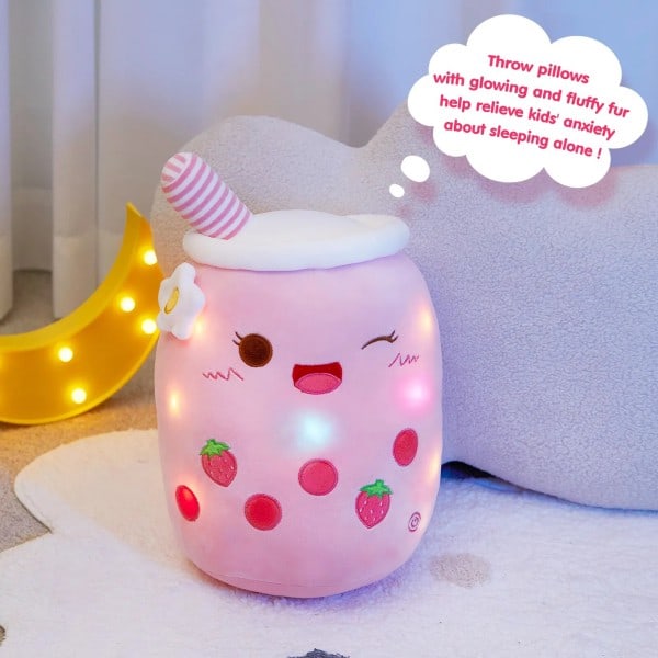 LED Lys Mælk Te Dukke Plys Legetøj Grøn Pink Blød Sød Pynge Puder Jordbær Fyldte Dyr