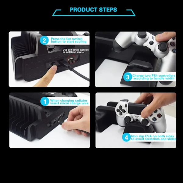 Vertikal Kylning Fläkt Stativ För PS4/PS4 Slim/PS4 PRO Konsoll Dubbel Kontrollenhet LED Laddare Station