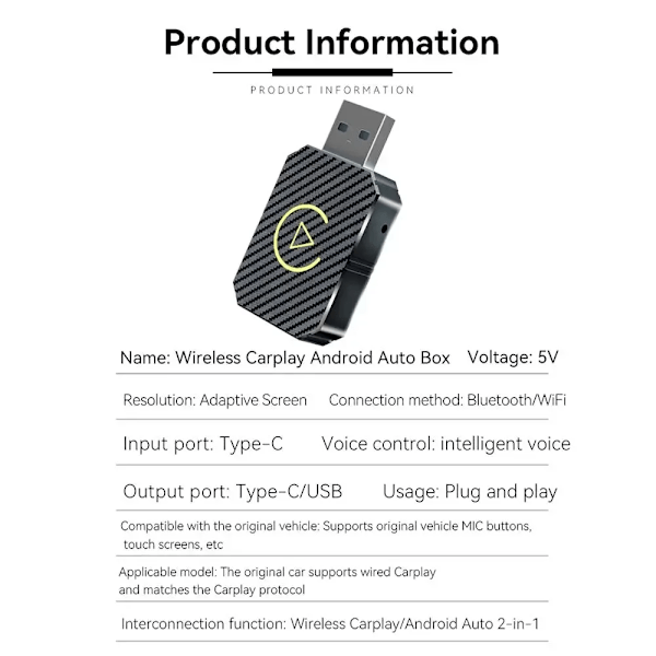 2 in 1 Langaton Carplay sovitin Apple iOS Android Auto Smart USB liitin