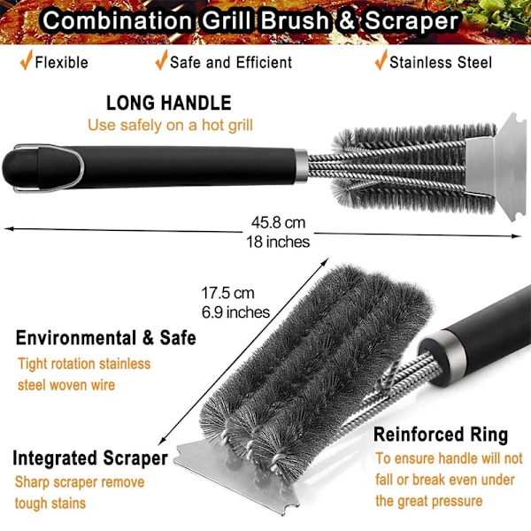 Trygg grill børste og skraper med deluxe håndtak 18 tommer grill rens børste rustfritt stål