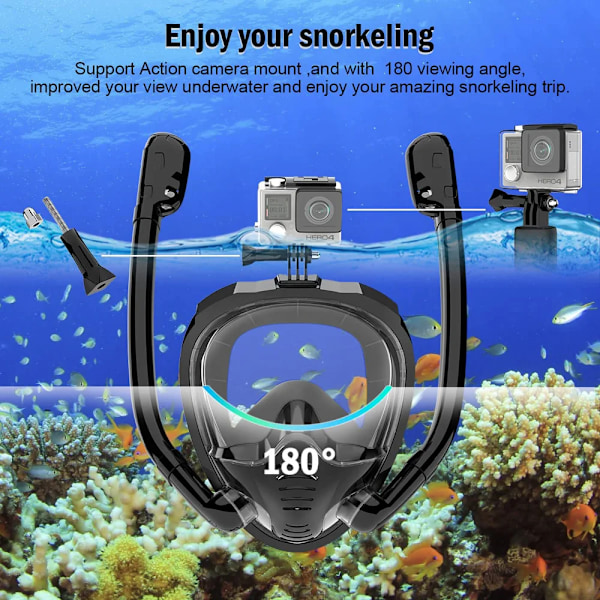Fuld ansigt Snorkel Maske 180°Panoramic View Silicone Tør
