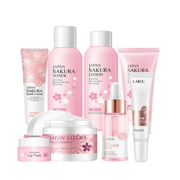 8 st Sakura Ansikte Hudvård Set Fuktgivande Närande Serum Lugnande Vitande Reparerande Anti-rynk Skönhet