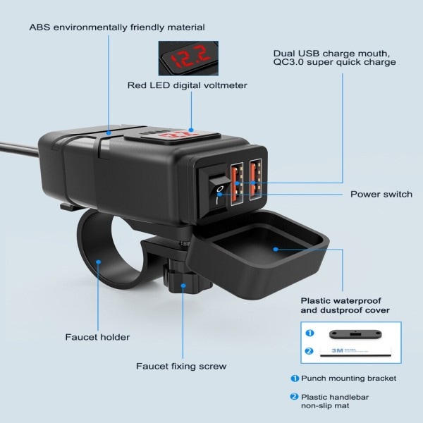 Moottoripyörä USB laturi QC3.0 Ohjaustanko pikalataus vedenpitävä 12V pistoke adapteri