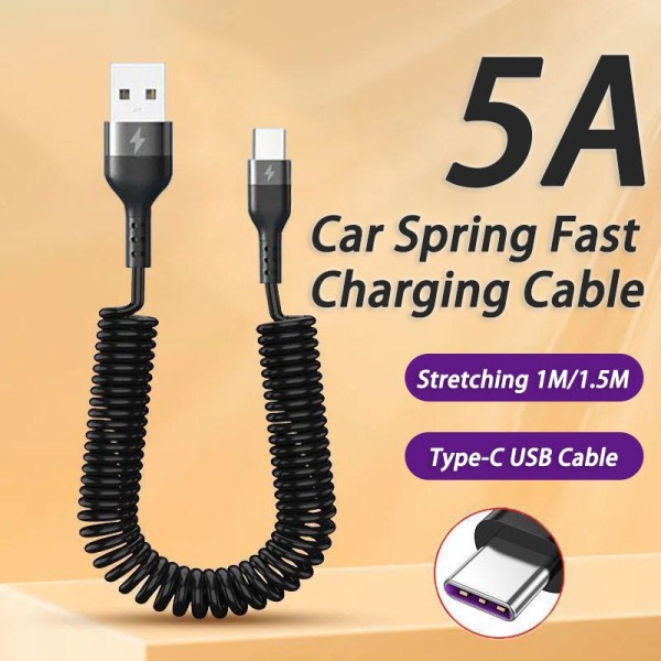 66W 5A Rask Lading Type C kabel 3A Mikro USB Fjær Bil USB kabel