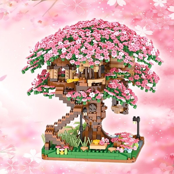Mini Sakura træ hus bygning klodser kirsebær blomst plante by gade udsigt mursten