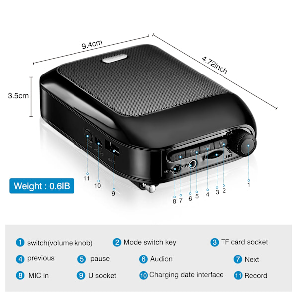 Bluetooth UHF trådlös röst förstärkare bärbar för undervisning föreläsning tur guide kampanj u-disk megafon mikrofon högtalare