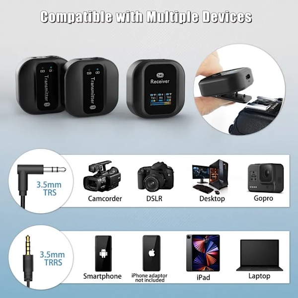 Trådlös Lavalier mikrofon 2,4GHz Dual Channel Trådlös Lapel Mic med brusreducering för DSLR kameror videokameror telefoner