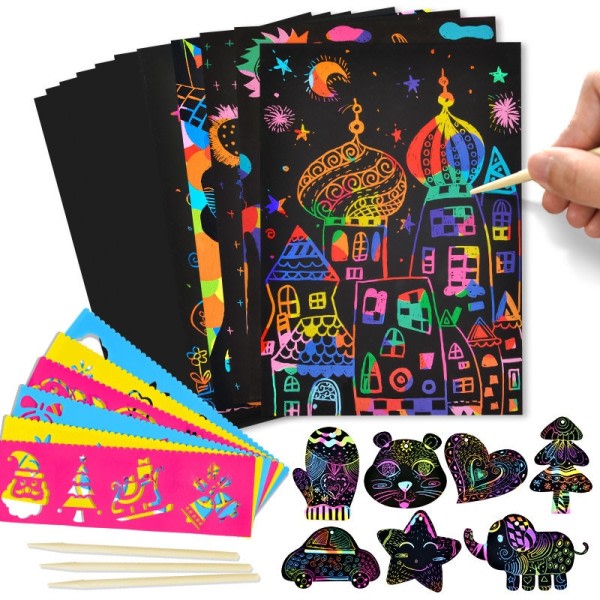 DIY Magic Rainbow Färg Scratch Konst Papper Kort Set Med Graffiti Stencil Teckning Tavla