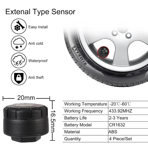 Android Navigation TPMS Med 4 Sensorer Larm System