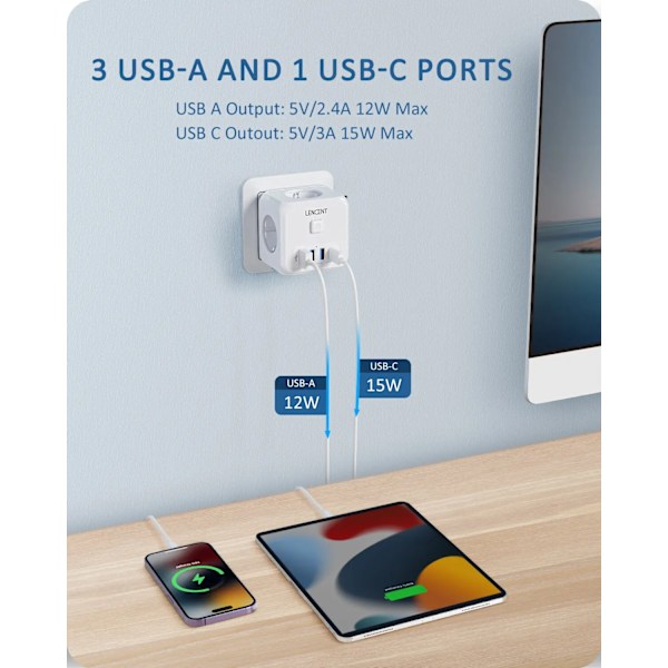 Wall Socket Extender 3 AC pistorasialla 3 USB portteja ja1 C 7-in-1 EU pistoke laturi On/Off kytkin kotiin