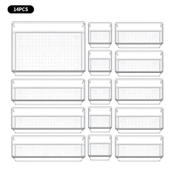 14 stykker Skuffer Arrangører Set Klar Plastik Skrivebord Opdelere Skummer Soveværelse Kommode Kontor Opbevaring Kasse til Makeup Smykker Gadgets