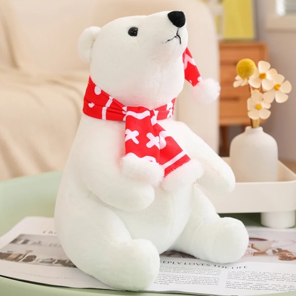 Kawaii White Polar Bear Med Scarf Jule Fest Decor Plysh Leker Søtt Mykt Fylt Dyr