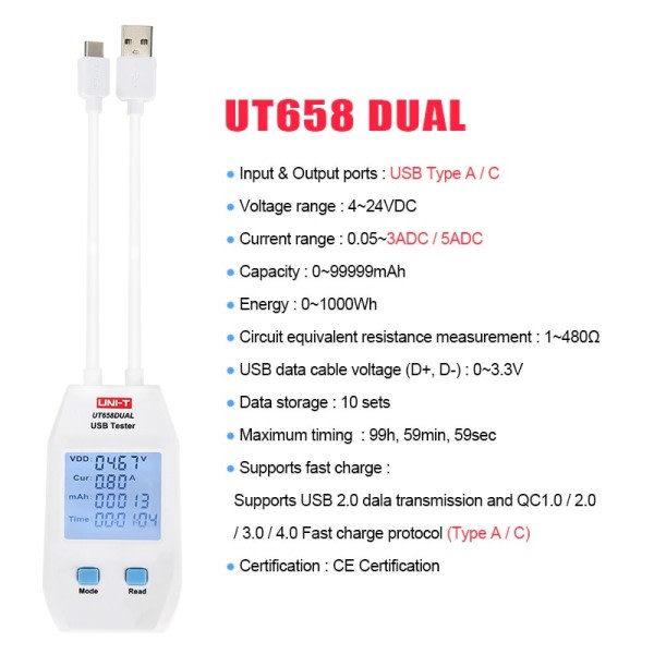 USB Tester Oplader Type C Type A Interface Mobil Opladning Strøm Kapacitet Energi modstand Tester